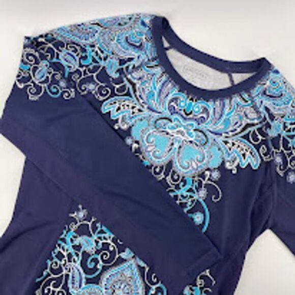 Athleta Navy Blue/Turquoise Runaway Paisley Long Sleeve Top Size‎ Small - Picture 1 of 6